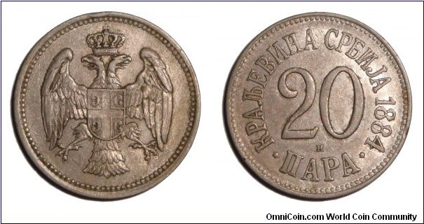 SERBIA (2nd KINGDOM)~20 Para 1884.