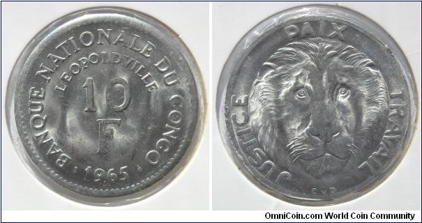 10 francs.
Leopoldville (now Kinshasa capitol of D.R.C) Beautiful lion head.