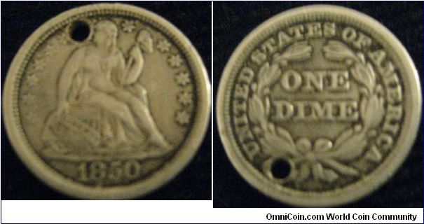 lovely toned 1850 cent, sadly holed