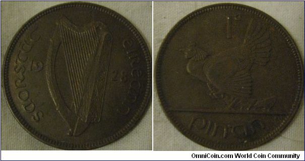 partial lustre, good detail irish penny