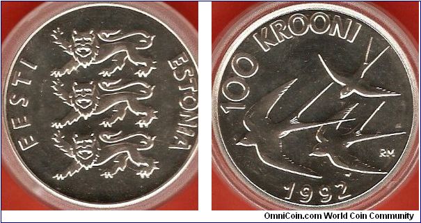 100 krooni
barn swallows
0.925 silver
mintage est.50,000