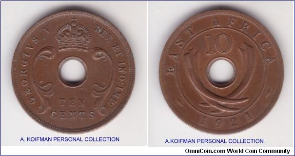 KM-19, 1921 East Africa 10 cents, scarcer coin with 130,000 mintage; nice almost extra fine for wear but some pitting and a left obverse field may have been cleaned in the past.