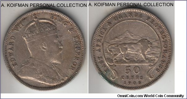KM-4, 1906 East Africa 50 cents; silver, reeded edge; good fine to almost very fine, likely cleaned in the past, small mintage of 200,000.
