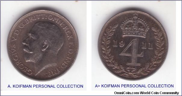 KM-814, 1911 Great Britain maundy four pence (groat) proof like
