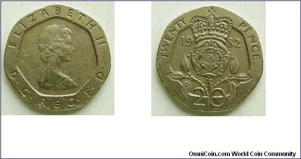 20 pence, 
Elizabeth II, 
3rd portrait, 
Spink ref: 4230