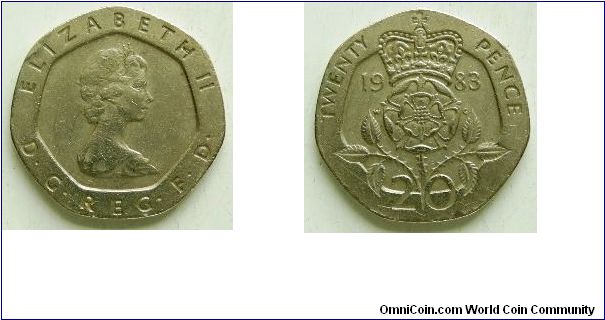 20 pence, 
Elizabeth II, 
3rd portrait, 
Spink ref: 4230