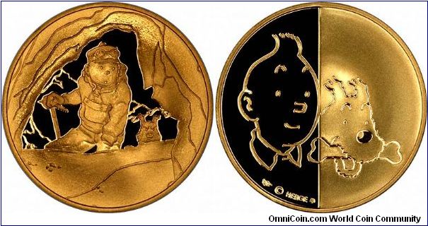 Tintin in Tibet, 18ct gold medallion by the Paris Mint. Mintage 1,000 sets; there was also a silver edition with a mintage of 10,000 sets. Tintin has almost a cult following!