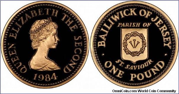 The parish of St Saviour is featured on this gold proof pound coin, one of a series of 12 issued from 1983 to 1989.