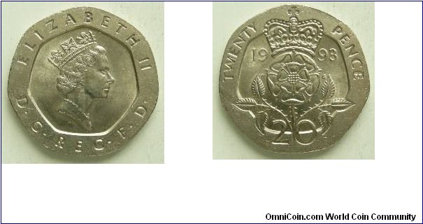 20 pence, 
Elizabeth II, 
3rd portrait,
Spink ref: 4361