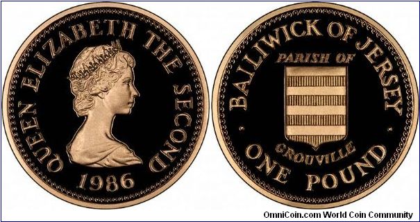 The parish of St Grouville  is featured on this gold proof pound coin, one of a series of 12 issued from 1983 to 1989.