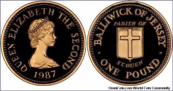 The parish of St Ouen is featured on this gold proof pound coin, one of a series of 12 issued from 1983 to 1989.