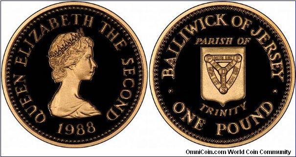 The parish of Trinity is featured on this gold proof pound coin, one of a series of 12 issued from 1983 to 1989.