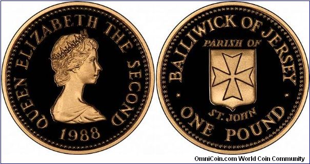 The parish of St John is featured on this gold proof pound coin, one of a series of 12 issued from 1983 to 1989.