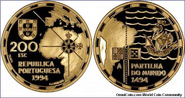 The Division of the World, 1494 is the theme of the reverse of this 1994 Gold 200 Escudos proof, from the four-coin 'Prestige Proof Set', part of a series 'The Golden Age of Portuguese Discovery'.