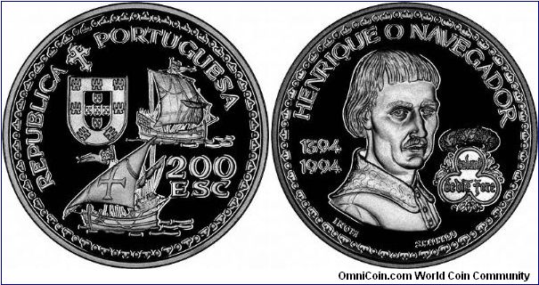Henry the Navigator, 1494 is shown on this 1994 Silver 200 Escudos proof, part of a 4-coin 'Prestige Proof Set', including gold in all 4 main precious metals.