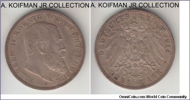 KM-635, 1914 German State Wurttemberg 3 mark, Stuttgart mint (F mint mark); silver, lettered edge; King Wilhelm II of Baden, last of the standard coinage, toned extra fine or almost.