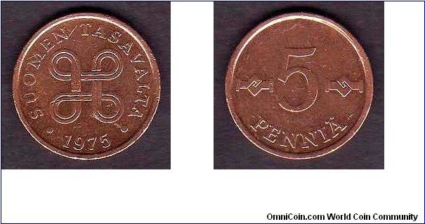 5 Pennia

km# 45
==================
Copper

1963-1977
==================
62