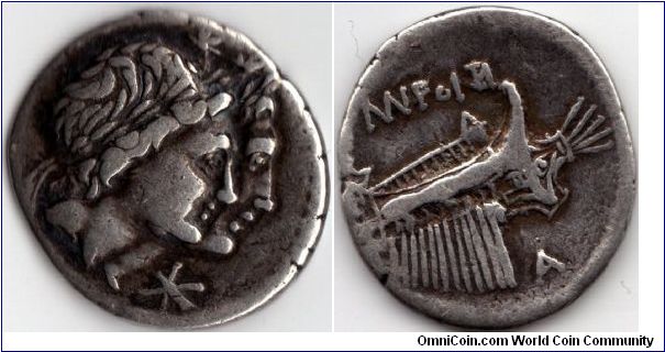Roman republic denarius depicting the Dioscouri (Castor and Pollux) obverse, and the prow of a galley reverse. The minter in this case being Manius Fonteius (Monograms above galley)