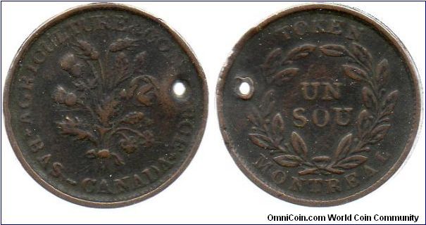 Lower Canada Un Sou (half penny) This is a private imitation of the original bouquet sous struck at the Belleville mint in New Jersey. There are many varieties distinguished by the number of each type of leaf and flower.