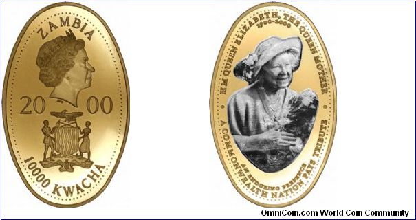 Unusual oval-shaped gold coin for the Queen Mother's Centenary 1900 - 2000, one of 3 different designs, each with a 100 piece issue limit, monochrome printed, and one of the earliest printed coins we can remember seeing. Denomination 10,000 Kwacha,	48.00 x	30.00 mms, 27.000	grms x .9990	fine = 0.8672 trou ounces fine gold content.