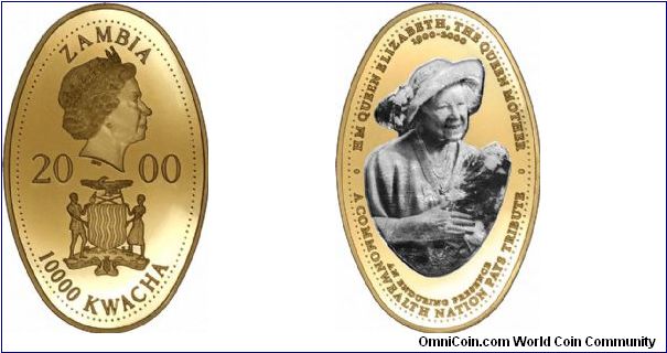 Unusual oval-shaped gold coin for the Queen Mother's Centenary 1900 - 2000, one of 3 different designs, each with a 100 piece issue limit, monochrome printed, and one of the earliest printed coins we can remember seeing. Denomination 10,000 Kwacha,	48.00 x	30.00 mms, 27.000	grms x .9990	fine = 0.8672 trou ounces fine gold content.