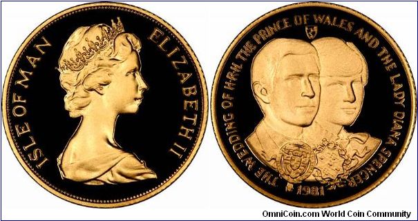 Prince Charles & Princess Diana on gold five pounds, part of a set of 4 coins of similar design. This is the largest at 36mms,	39.8134	grams of .9999	gold = 1.1733 troy ounces AGW. We have uploaded pics of this before, but this is a better photograph.