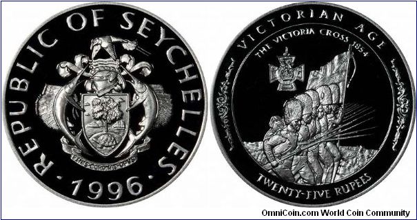 Silver proof 1,000 rupees. 'The Victorian Age', shows a VC (Victoria Cross not Viet Cong!), and five soldiers with bearskin hats, the legend 'The Victoria Cross 1854'.