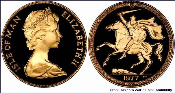 Manx proof gold sovereign, from the 4-coin 1977 Queen's Silver Jubilee set. The design is similar to a British sovereign, but shows a Manx, or Norse, warrior in style similar to Pistrucci's famous George and the dragon reverse. The only feature which distinguishes this set from other Manx  issues is the gold-plated brass medallion has a Silver Jubilee logo.