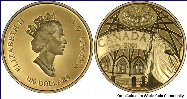 $100 gold proof commemorative coin for the 125th anniversary of the Library of Parliament completed in 187, on the shores of the Ottawa River, in Ottawa.