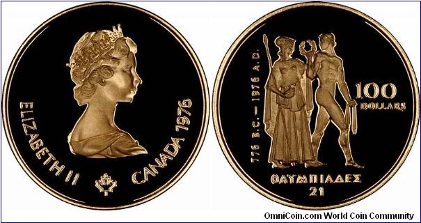 In 1976 Canada issued gold one hundred dollar commemorative coins for the Montreal Olympics.
Rather confusingly, two similar coins were issued with different weights and alloys, so that one coin contains a half ounce of fine gold, while the other contains only a quarter ounce. This is the large version.