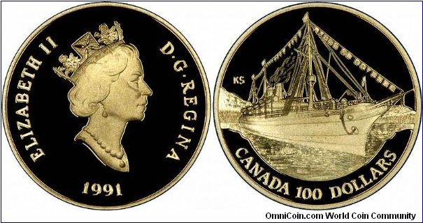 $100 proof gold commemorative coin for the Centenary of the arrival of the First Canadian Pacific Steamship Empress of India from Yokohama Japan in 1891.
The reverse design was by Vancouver artist Karsten Smith.