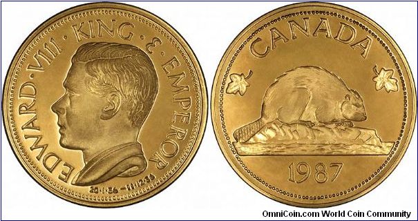 Yet another unofficial 'pattern crown' of Edward VIII, this one in 9ct gold, is dated 1987, which has no relevance to Edward, except that on 3rd April 1987, the 'Windsor Jewels' were sold at auction. We guess these medallions were produced to cash in on demand.