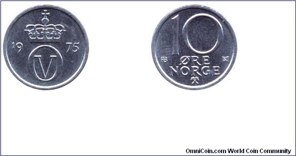 Norway, 10 öre, 1975, Cu-Ni.                                                                                                                                                                                                                                                                                                                                                                                                                                                                                        