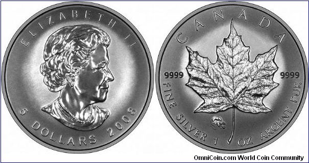 Canadian silver maple leaf with Chinese Lunar Calendar Year of the Rat privy mark, produced to higher standard than normal finish, issue limit 8,000 pieces.