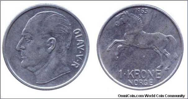 Norway, 1 krone, 1963, Cu-Ni, Horse, King Olav V.                                                                                                                                                                                                                                                                                                                                                                                                                                                                   
