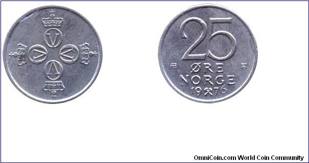 Norway, 25 öre, 1976, Cu-Ni.                                                                                                                                                                                                                                                                                                                                                                                                                                                                                        