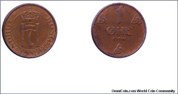 Norway, 1 öre, 1941, Bronze, Monogram of King Haakon VII.                                                                                                                                                                                                                                                                                                                                                                                                                                                           