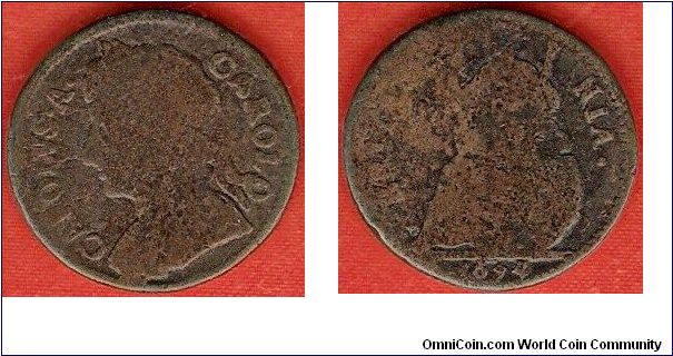 farthing
Charles II
Carolus a Carolo
seated Brittannia facing left
copper