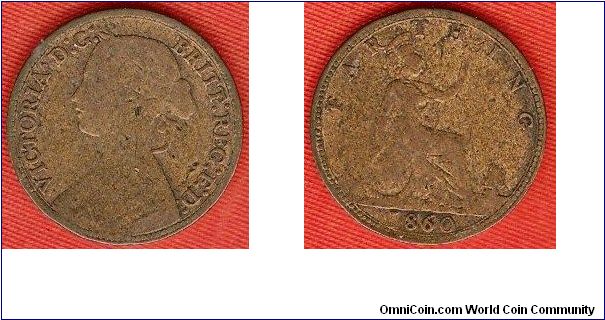 farthing
Victoria, young bust, beaded border
Victoria D.G. Britt. Reg. F.D.
seated Brittannia facing right
bronze