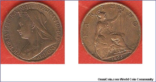 farthing
Victoria, veiled bust
Victoria Dei Gra. Britt. Regina Fid. Def. Ind. Imp.
seated Brittannia facing right
bronze