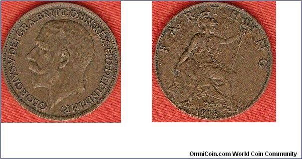 farthing
George V
Georgius V Dei Gra. Britt. Omn. Rex Fid. Def. Ind. Imp.
seated Brittannia facing right
bronze
