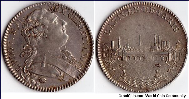 silver `stock' jeton de presence minted for members of Paris Municipal Council. Mature bust of Louis XVI obverse. City view reverse.