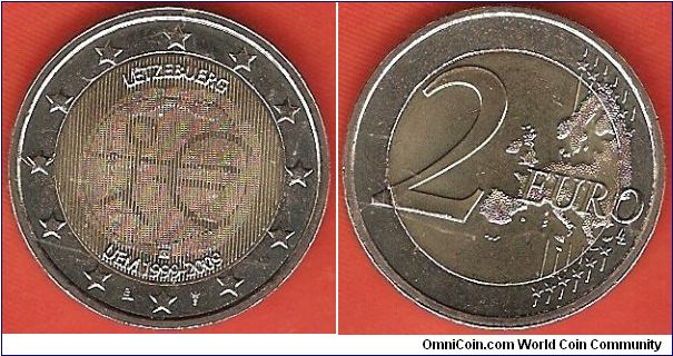 2 euro
10th anniversary of the European Monetary Union 1999-2009
bimetal coin
latent image between EMU-design and bust of Grandduke Henri