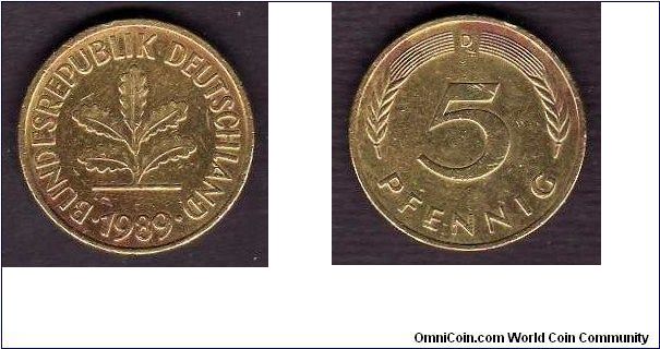 *GERMAN FEDERAL REPUBLIC*
__________________

5 Pfenning

km# 107
==================
Mint Mark
(D) Munich

1950 +
==================