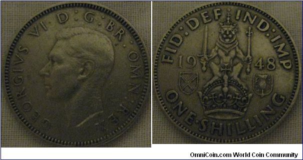 a nice 1948 scottish shilling, its bright, but condition is only fine still it a good solid VF