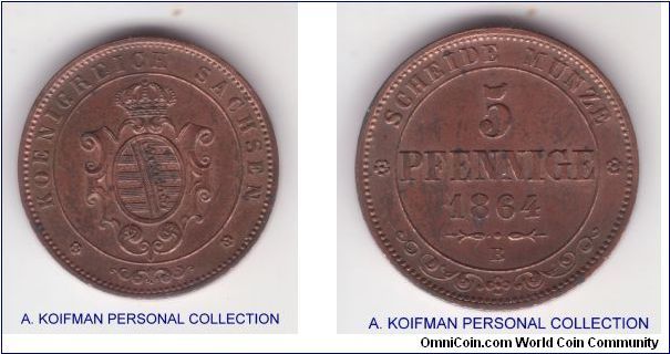 KM-1218, 1864-B German State Saxony 5 pfennige; medal rotation copper coin; nice looking except for the number of carbon spots one of them on the small-reeded edge is rather big and eating into copper