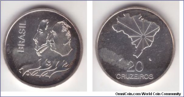 KM-583, 1972 20 Cruzeiros proof; good but heavily toned to the rims; silver, raised edge lettering