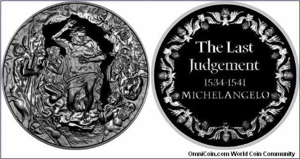 The Last Judgement,	1534 - 1541 by Michelangelo. A 50mm sterling silver medallion, number 45 of a '100 Greatest Masterpieces; collection issued by John Pinches, now part of Franklin Mint. Each contains over 20 ounces of silver.
