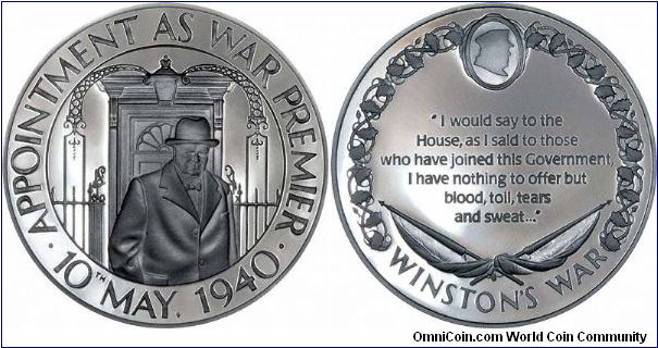 'Appointment as War Premier 10th May 1940'. The first of a collection of 25 sterling silver medallions issued by Spink & Son in 1990, commemorating the 50th anniversary of the wartime premiership of Winston Churchill. Diameter 64.5mms, weight 45.5 grams each of sterling (.925) silver.
