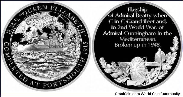 'H.M.S Queen Elizabeth	Completed at Portsmouth 1915'. One of a collection of 100 silver medals struck by John Pinches in hallmarked sterling silver, and issued around 1974, on the theme 'Mountbatten Medallic History of Great Britain & The Sea'. The collection comes complete in 4 albums. 44mms, 36.9 grams. Total fine silver content of set 109.7 troy ounces.